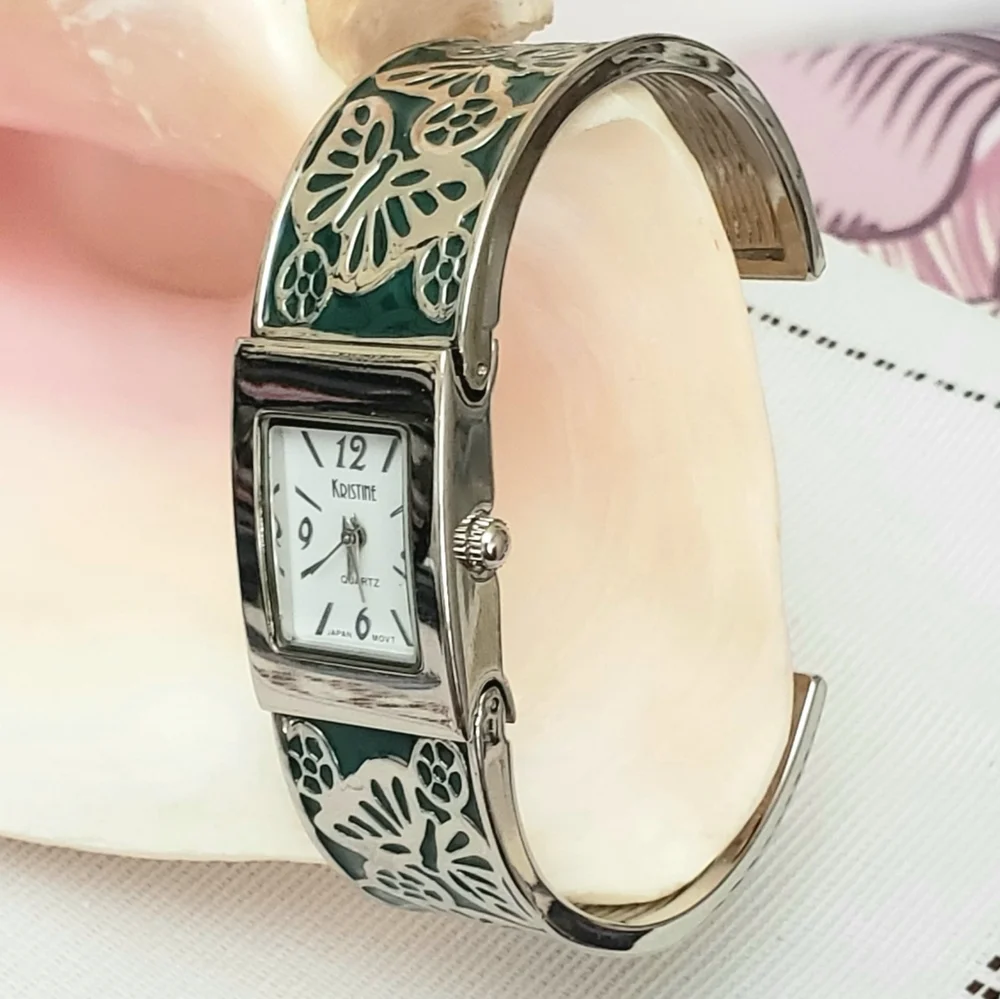 Green Kristine Engraved Butterfly Enamel Cuff Watch Silver Band Quartz